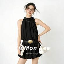 韓式優雅性感休閒掛脖背心洋裝，附蝴蝶結花卉裝飾與腰帶，短裙設計，適合夏季晚宴約會、度假與日常穿著 - 黑色 - 查看 2