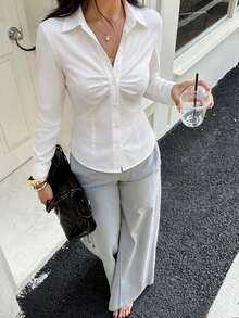 Women's White Long Sleeve Shirt Collar Top, Front Pleated Design, Regular Fit Woven Blouse, Elegant Fashionable Autumn Look, Academic Business Shirt Top, Elegant Office Fashion Minimalist Casual Wear - White - View 3