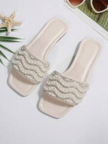 2026 Summer New Fashion Square Toe Casual Mule Open Toe Versatile Beach Soft Sole Comfortable Fairy Rhinestone Flat Slide Sandals For Women - Beige - View 8