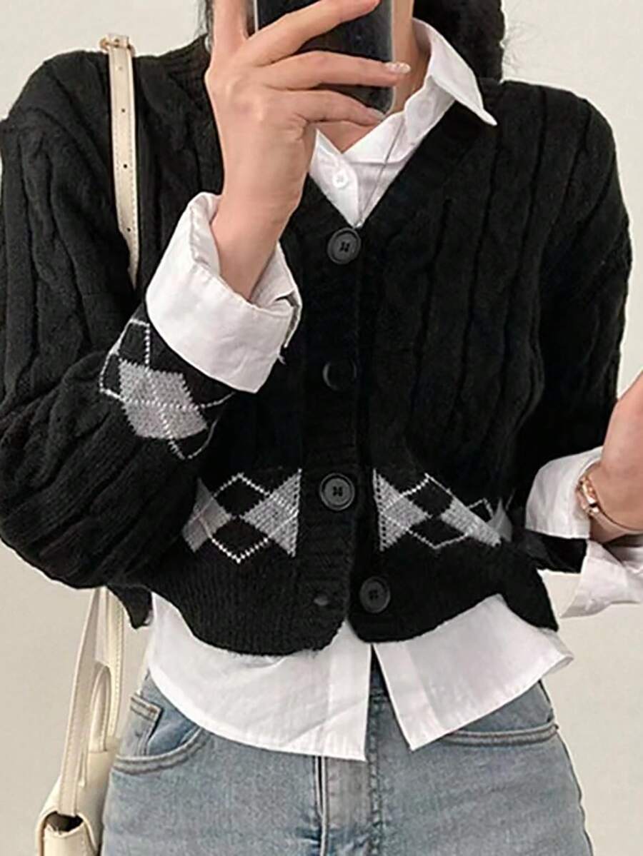 Japanese Academy Style Cable Knit Argyle Lazy V-Neck Cardigan - Black - View 1