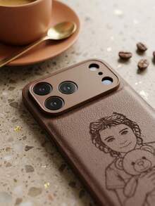 客製化雷射雕刻棕色人造皮革手機殼，相容 iPhone 13 14 15 16 17 18 Pro Max Plus Air 系列，個性化照片雕刻，復古紋理，防震保護殼，客製化圖像雕刻，適合家庭、情侶、朋友和個人肖像，寵物禮物手機殼 - 棕色 - 查看 5