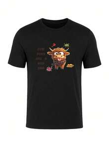 T-shirt pour hommes avec imprimé graphique minimaliste sur la poitrine, en coton doux - Noir - Voir 2