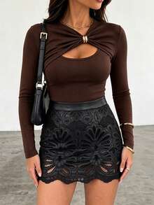 ChicMe Women's Sexy Front Twist Hollow Out Top, Gold Button Detail, Long Sleeve Slim Fit Ribbed Knit Sweater, Fashion Daily Party Wear - Coffee Brown - View 6