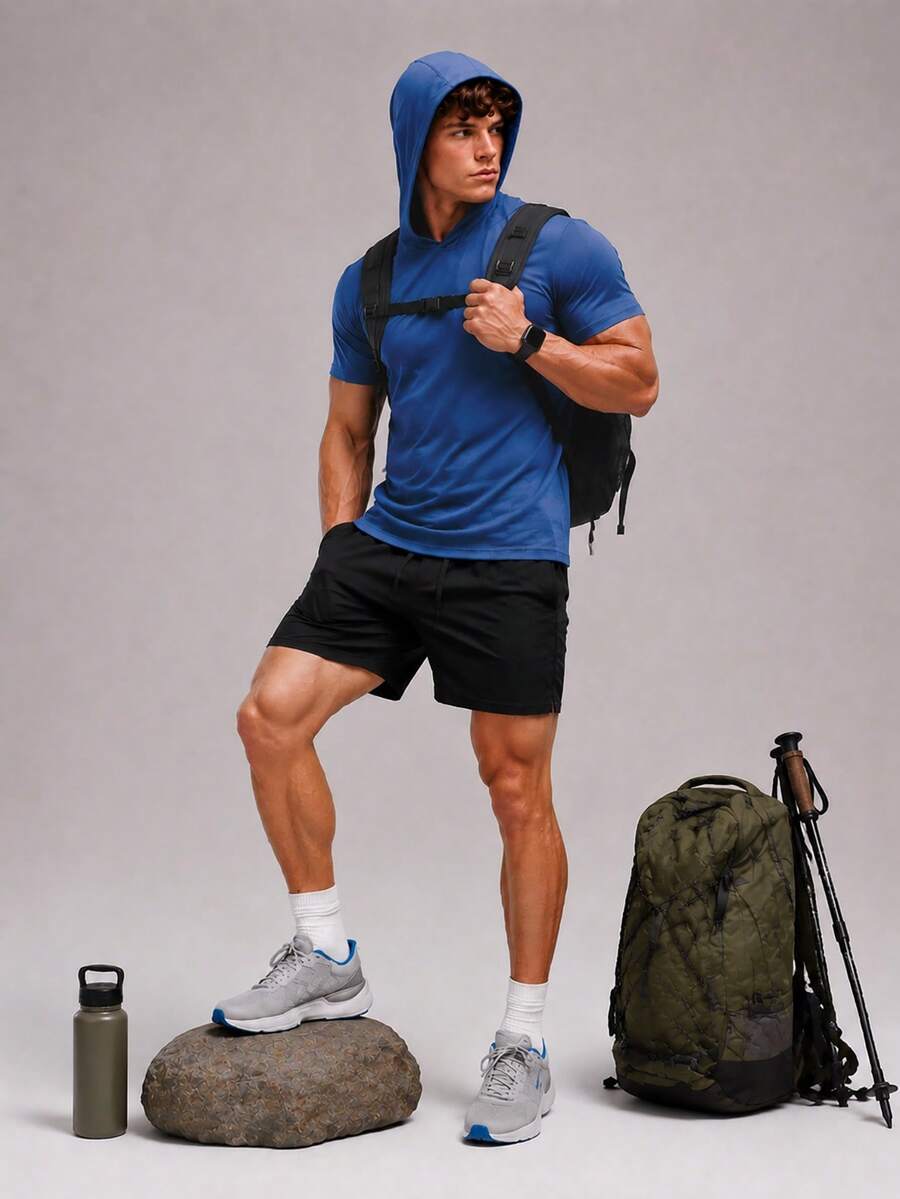 CZRLHYT Men's Lightweight Soft Short Sleeve Hoodie Oversized Breathable Pullover Tops For Outdoor Caping Basketball Training T-Shirt Workout & Sun Protection - Blue - View 1