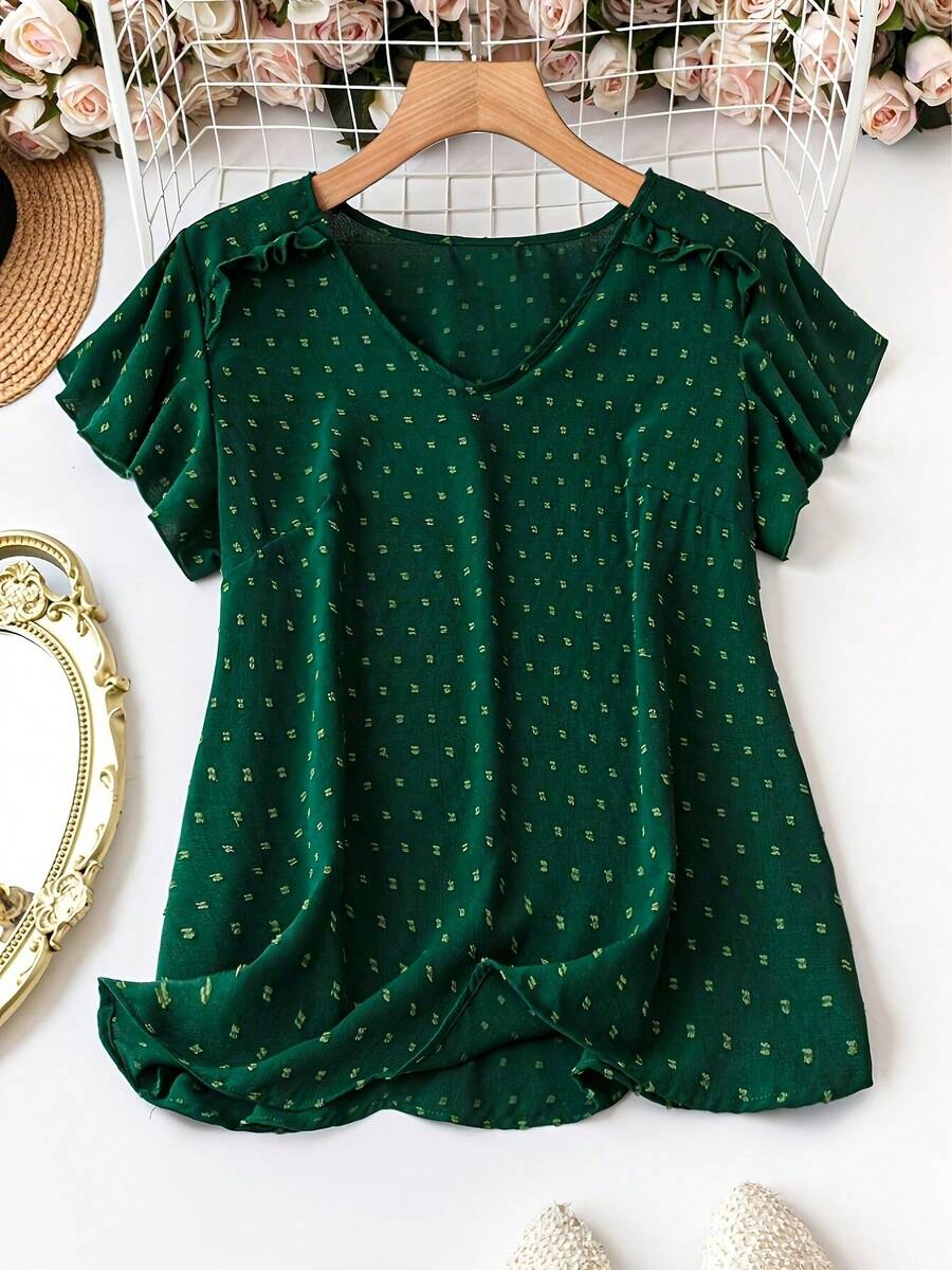 Blus Jacquard Hijau Tua Wanita Leher V Berkerut Lengan Pendek Longgar Pas Ramping Kemeja Komuter Liburan Musim Panas - Dark Green - View 1