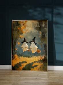 1pc Canvas Wall Art, Framed Wall Decor, Vintage Oil Painting Of Two Ghosts Wearing Wizard Hats And Riding Brooms In Autumn Forest, Atmospheric Halloween Canvas Poster, Dark Academia Vintage Aesthetic Wall Decor, Suitable For Modern Home Decoration - Ghost Witch - View 1