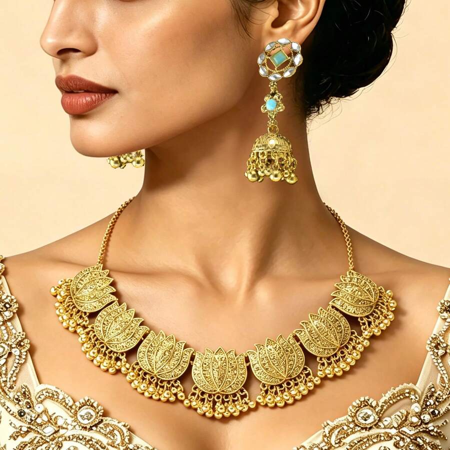 1 Collar, 1 Par de Pendientes, Conjunto de Collar & Pendientes, Estilo Lujo Palaciego Vintage, Collar de Cadena con Patrón de Loto, Textura Exquisita Tallada de Loto, Pendientes de Campana de Combinación de Tres Partes, Bohemio, Medio Oriente, Clásico, Elegante, Vacaciones, Viajes, Festival, Banquete, Para Mujeres - Multicolor - Ver 1