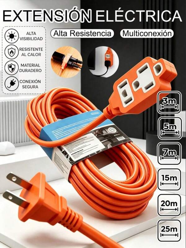 Cable de extensión de alimentación naranja de alta resistencia de 1625 W, tomas múltiples con cable duradero de 3 m / 5 m / 10 m / 15 m / 20 m para uso doméstico, taller, jardín y exteriores