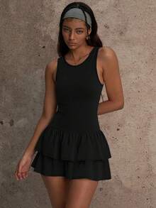 Women's Solid Color Sports Dress Set - Tennis Skirt Sports Set - Sleeveless Tank Top With Double Layer Cake Skirt - Detachable Shorts - Black Summer - Black - View 2