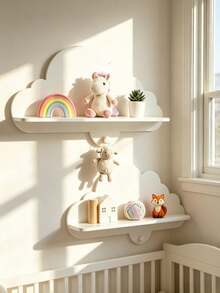 1/2/3pcs White Cloud Shaped Wall-Mounted Storage Rack, Space-Saving Wooden Display Shelf For Children's Room, Suitable For Children's Books And Toys - Multicolor - View 1