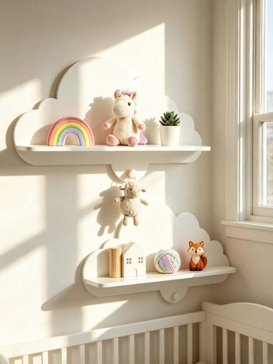 1/2/3pcs White Cloud Shaped Wall-Mounted Storage Rack, Space-Saving Wooden Display Shelf For Children's Room, Suitable For Children's Books And Toys - Multicolor - View 1