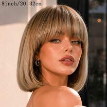 AMECIRE Wig Bob Rambut Manusia Wig Warna Campuran Wig Cokelat Wig Rambut Lurus Wanita Wig Rambut Pendek Dengan Poni Bentuk Mengembang Cocok Untuk Semua Orang - S4/27 - View 5