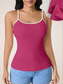 CELILIN Top de tirantes finos de color bloque minimalista, camisola acanalada de estilo coreano, top de capa interior versátil y favorecedor de ajuste ceñido - Rosa Fucsia - Ver 3