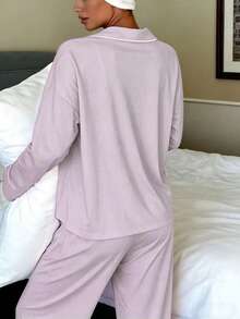 Nina Bonheur 2pcs Women Lapel Button Long Sleeve Top + Elastic Waist Pants Pajama Set - Purple - View 4