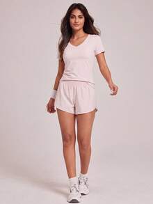 VUTRU Women's V-Neck Short Sleeve Light Pink Sports T-Shirt Slim Fit Top For Fitness And Running - Baby Pink - View 6