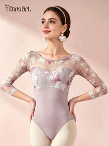 DonsGirl 1pc Women's 3/4 Sleeve Floral Mesh Patchwork Ballet Leotard, Boat Neck Deep V Back Slim Fit Jumpsuit, Suitable For Ballet Class, Rhythmic Gymnastics And Stage Performance - 淺灰紫 - 查看 1