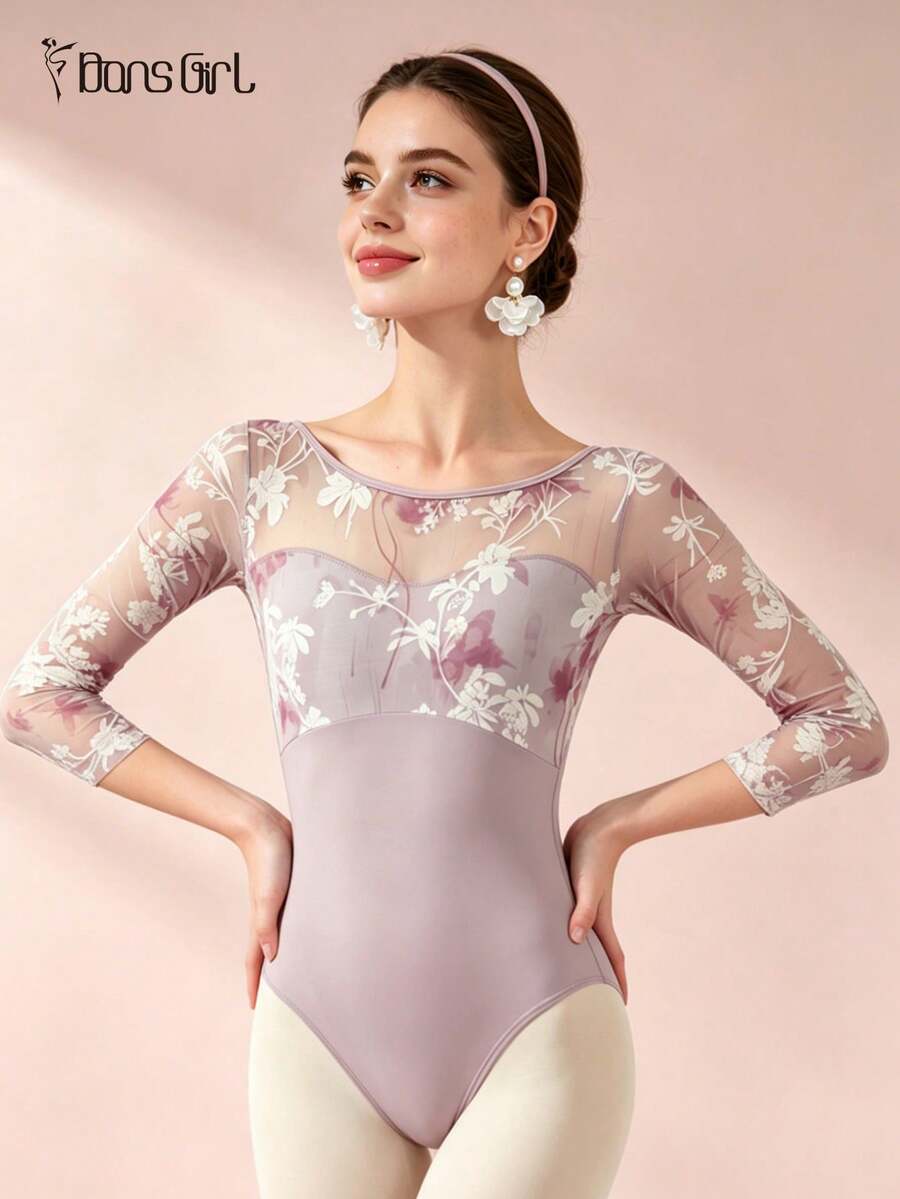 DonsGirl 1pc Women's 3/4 Sleeve Floral Mesh Patchwork Ballet Leotard, Boat Neck Deep V Back Slim Fit Jumpsuit, Suitable For Ballet Class, Rhythmic Gymnastics And Stage Performance - 淺灰紫 - 查看 1
