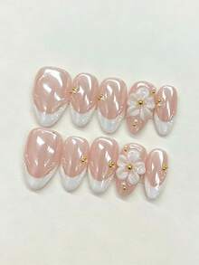 10pcs Handmade Short Almond Shape Press-On Nails, Pink Glitter Cat Eye Base, White Wavy French Tips, 3D White Flowers, Gold Beads & Pearl Decor, Gentle Elegant Reusable Fake Nails, Includes Full Set Of Manicure Tools - Multicolor - View 2