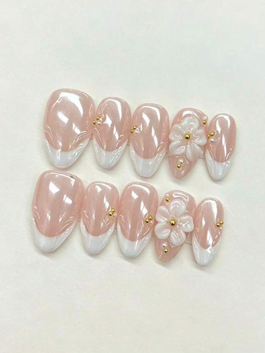 10pcs Handmade Short Almond Shape Press-On Nails, Pink Glitter Cat Eye Base, White Wavy French Tips, 3D White Flowers, Gold Beads & Pearl Decor, Gentle Elegant Reusable Fake Nails, Includes Full Set Of Manicure Tools
