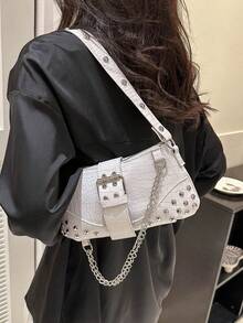 2024新款女款腋下包，歐美風復古鉚釘機車包，皺褶細節，半月形純色單肩斜挎包 - 白色 - 查看 3