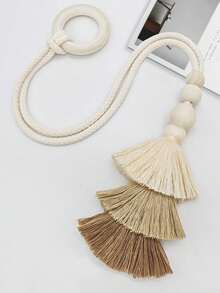 Bohemian Style Handmade Woven Curtain Tiebacks With Wooden Beads And Tassel Decoration, Suitable For Home Decor - Beige - View 4