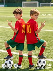 Kids New Red & Green Football Jersey Set #10, Personalized Name Custom Soccer Uniform For Boys & Girls, Suitable For Football Party, Weekend Casual, Running, Yoga, Hiking -- Spring/Summer Sportswear, Suitable For Outdoor Activities - Red - View 6