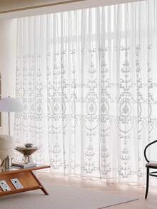 1pc White Floral Embroidered Sheer Curtain, Luxury Style Faux Linen Material Embroidered Sheer Curtain, Suitable For Living Room, Bedroom Windows And Door Decoration, Curtain Rod Not Included - White - View 1