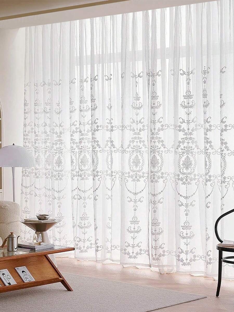 1pc White Floral Embroidered Sheer Curtain, Luxury Style Faux Linen Material Embroidered Sheer Curtain, Suitable For Living Room, Bedroom Windows And Door Decoration, Curtain Rod Not Included - White - View 1