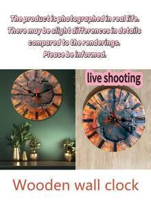 1pc 10"/12" 2D Flat Vintage Wooden Clock With Tree Rings Pattern - Round Wooden Wall Decor With Classic English Numbers, Suitable For Home Decor, Retro Style Wall Clock - B - View 2