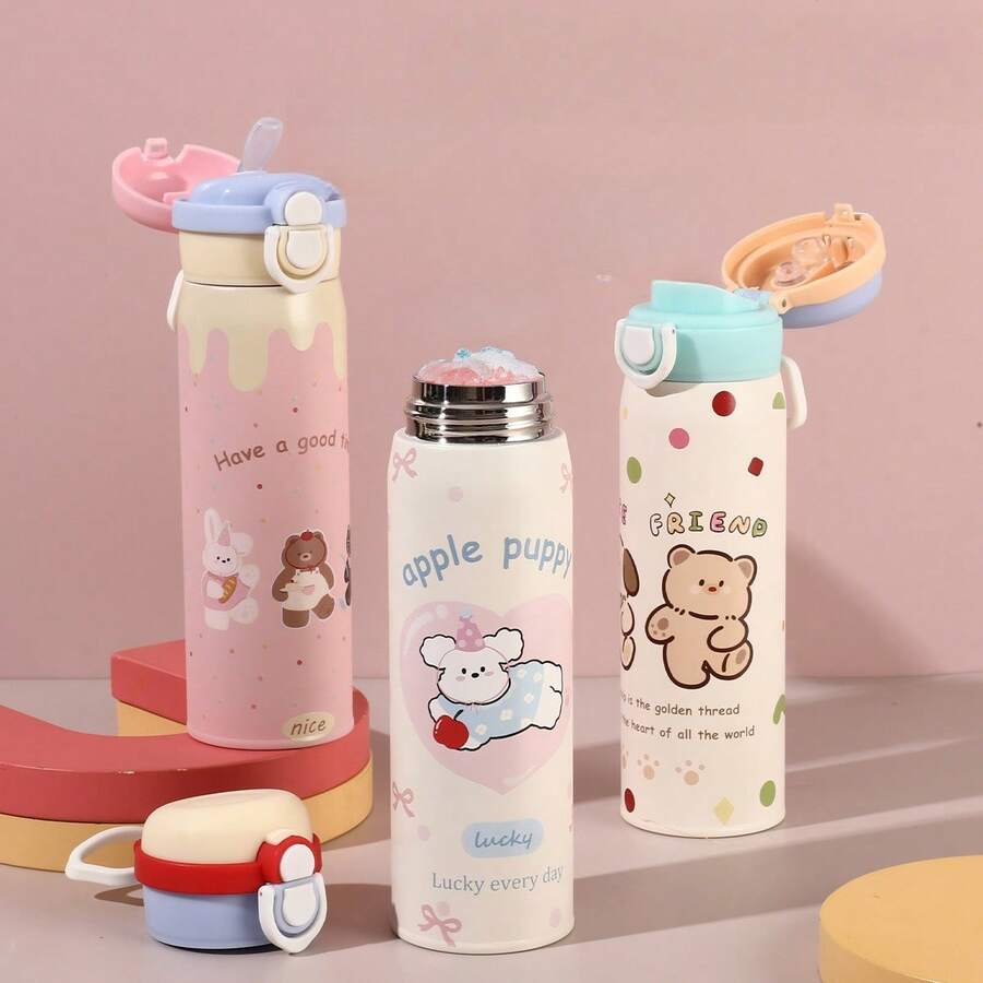 New 316 Stainless Steel Insulated Tumbler, Cartoon Design With Carrying Strap, Portable Vacuum Water Cup, Student Spring-Loaded Dual-Drinking Straw Cup - Multicolor - View 1