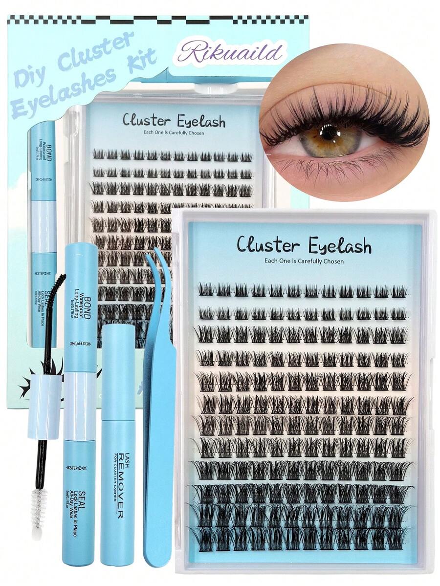 Rikuaild 144pcs DIY False Eyelash Clusters Set, Fluffy & Soft, Includes Eyelash Glue, Sealer, Remover, Tweezers, Dramatic Makeup Effect Eyelash Extensions, Large Capacity Eyelash Set, Suitable For Beginners, Travel Essential - Multicolor - View 1