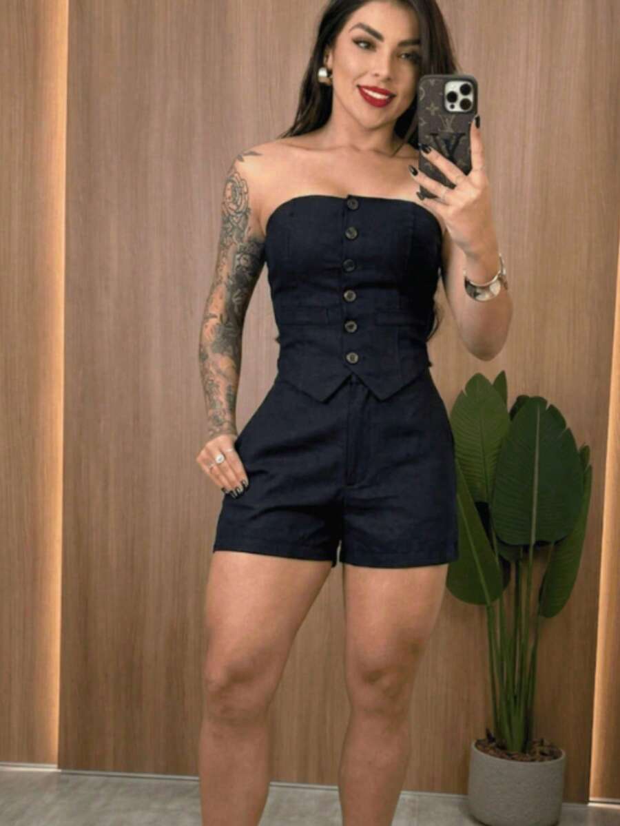 Women's Tailored Set: Dress Shorts And Strapless Top - 霧面黑 - 查看 1