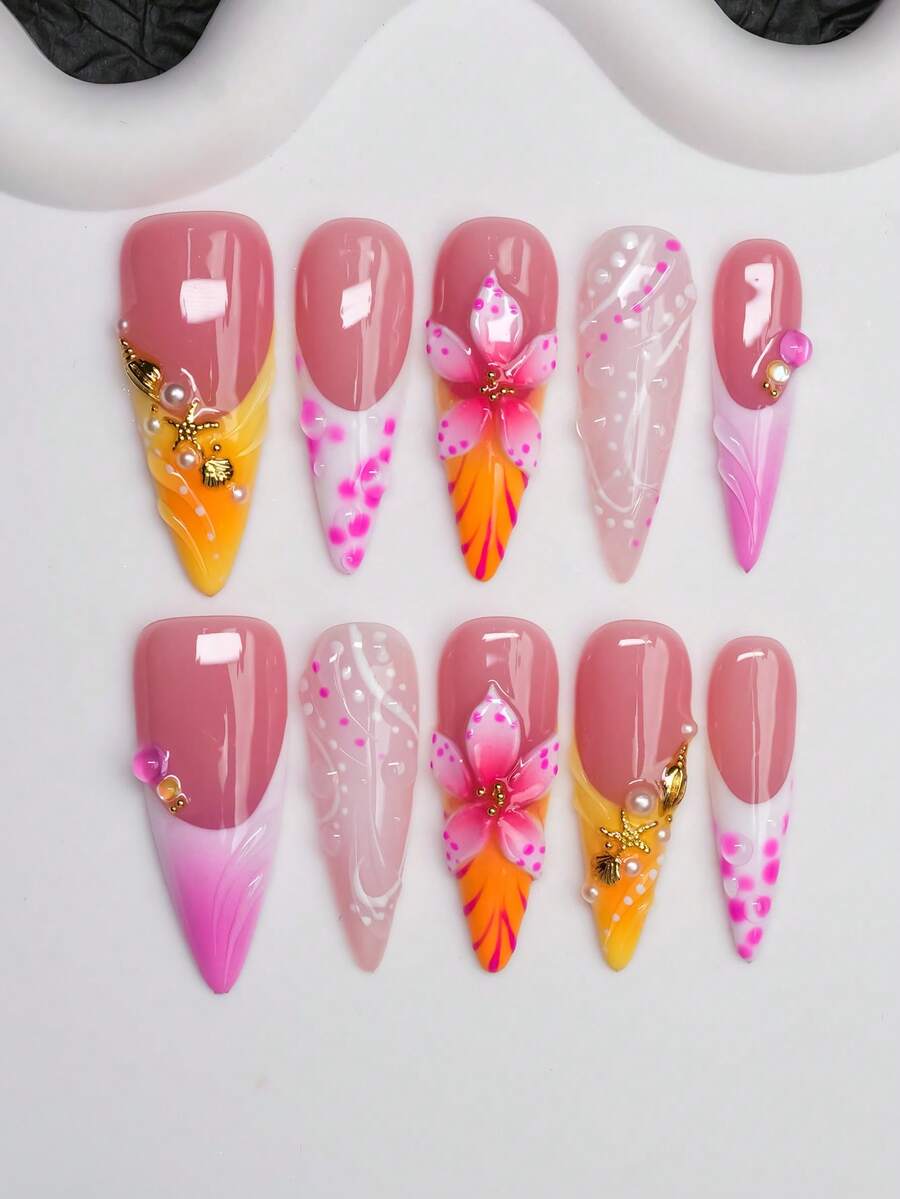 Unhas Postiças Feitas à Mão em Formato de Amêndoa Estilo Y2K Baddie, Pontas de Unhas Nude, Amarelo, Rosa, Branco com Pontas Francesas, Gotas de Água, Padrões Esculpidos, Estrela-do-Mar, Bolinhas, Listras de Zebra, Conchas, Pérolas, Design de Contas de Bolha, Unhas Postiças Feitas à Mão Puras, Adequadas para Mulheres e Meninas, Pontas de Unhas Brilhantes, 10 Peças/3 Tamanhos, Adequadas para Festa, Dança, Uso Diário, Inclui Kit de Ferramentas, Pode Ser Dado como Presente para Mulheres e Meninas. - Multicolorido - Visão 1