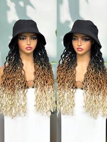 Curly Faux Locs Crochet Hair With Hat Goddess Locs Cap Wig Hippie Locs Connected Baseball Cap Wig Synthetic Braided Boho Style Wigs - Ombre - View 1