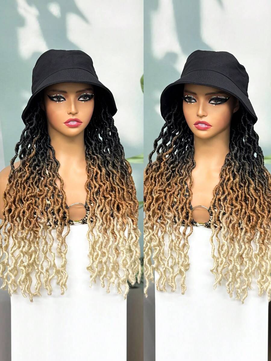 Curly Faux Locs Crochet Hair With Hat Goddess Locs Cap Wig Hippie Locs Connected Baseball Cap Wig Synthetic Braided Boho Style Wigs - Ombre - View 1