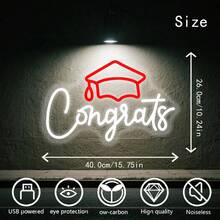 1 pieza Letrero de Neón LED Congrats Grad - Decoración de pared con alimentación USB y regulable, con diseño de birrete de graduación y copa de champán, iluminación de estilo cursiva para fiesta de graduación, celebración en oficina en casa, construcción de plástico duradero, decoración de graduación, iluminación de ambiente de fiesta, decoración, directo de fábrica - Rojo, blanco - Ver 3