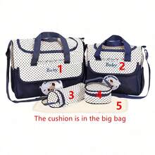 5pcs/Set Tas Ibu Bordir Beruang Modis, Tas Selempang Multifungsi Kapasitas Besar untuk Ibu & Bayi (Tas Popok) - Navy Blue - View 3