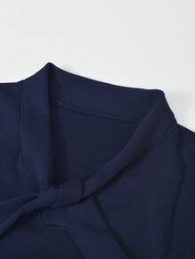Korean Style Ribbon Short Sleeve Square Shoulder Knit T-Shirt, Slim Fit, Flattering, Elegant, Mature, Niche Top For Women In Summer - Navy Blue - View 5