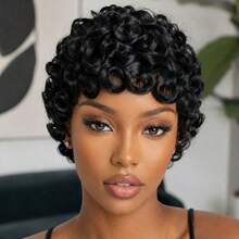 AMECIRE Pixie Cut Wig Black Short Hair Wig Curly Wig With Bangs Human Hair Wigs Wigs For Ladies Fashionable Styling 3 Inches Suitable For Everyday Wear And Holidays - Natural Black - View 8