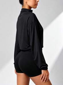 Women's Solid Color Long Sleeve Zip-Up Casual Sports Jacket Black - Black - View 5