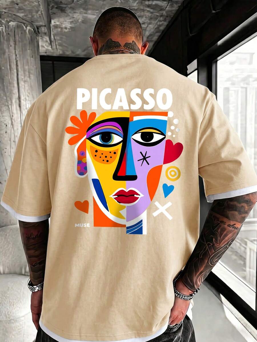 Men's Vintage Patchwork Pattern T-Shirt With Abstract Print, Suitable For Daily Wear