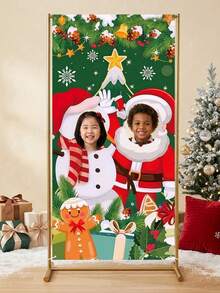 1Pc Christmas Photo Booth Backdrop Banner,Christmas Cutout Photo Booth Prop With Santa Claus,Snowman Design,Christmas Photo Prop Background Cloth,Merry Christmas Decorations,Christmas Decoration - Multicolor - View 2