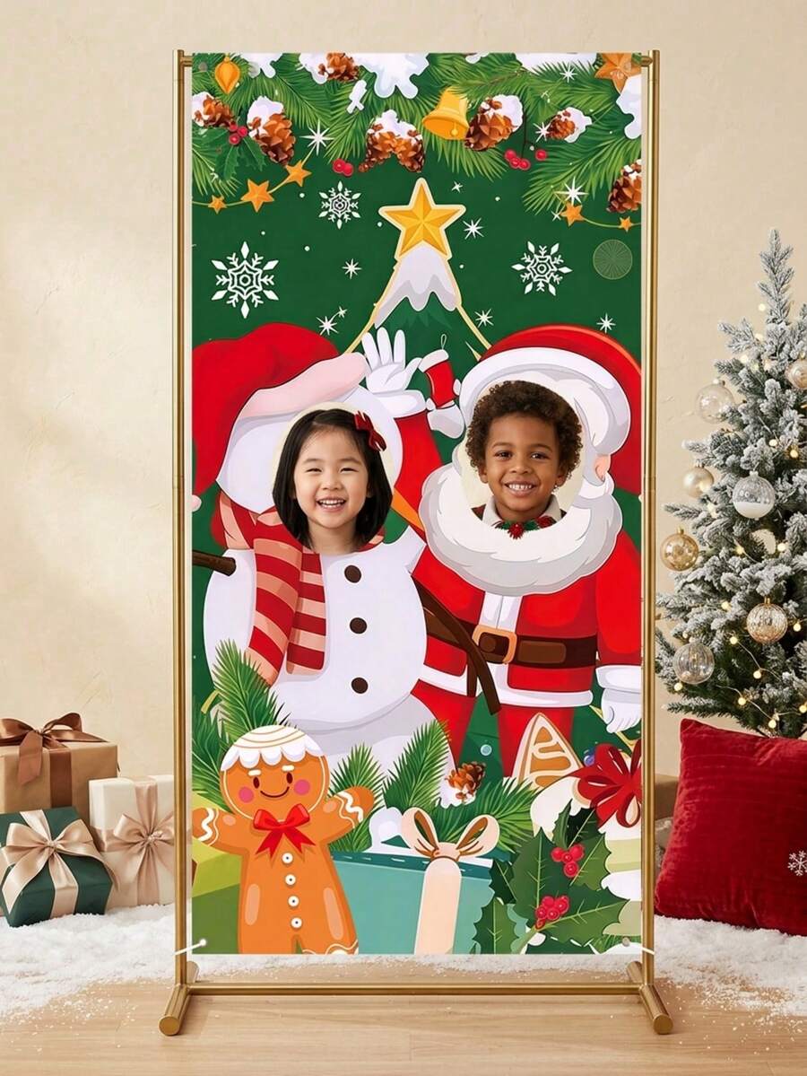 1Pc Christmas Photo Booth Backdrop Banner,Christmas Cutout Photo Booth Prop With Santa Claus,Snowman Design,Christmas Photo Prop Background Cloth,Merry Christmas Decorations,Christmas Decoration