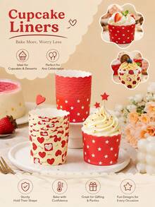 50 piezas de moldes para cupcakes con borde ondulado, corazones y estrellas lindos, decoración para fiestas de cumpleaños y bodas - Multicolor - Ver 1