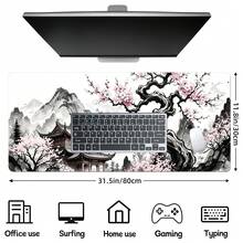 特大號櫻花樹風景設計滑鼠墊 – XL 遊戲滑鼠墊，防滑橡膠底座，可水洗表面 – 平滑鍵盤與滑鼠墊，適用於居家、辦公室（中國水墨畫） - 查看 4