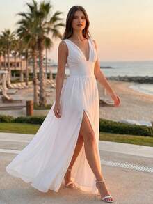 YUMIBRAVO Elegant Wedding Dress For Bridal, Long White Dress For Women, Dress For Destination Wedding,Formal Dress For Women Fall - White - View 4
