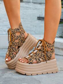 Women's Fashion Side Cut-Out Mid-Calf Open Toe Sandals, Criss-Cross Strap Design Comfortable And Breathable, Ultra-High Platform Sandals Minimalist Style Versatile For Outings And Commuting Solid Color Fabric Sandals - Leopard Print - View 2