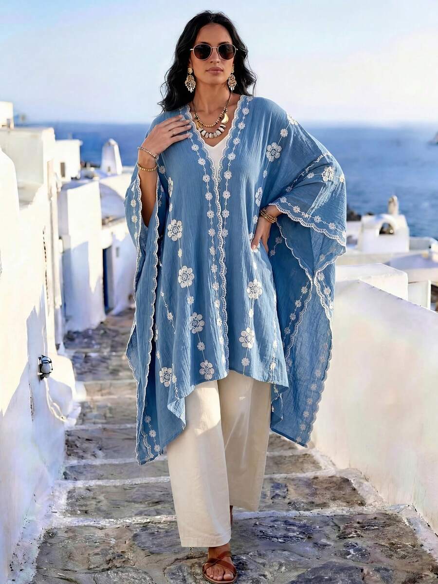 1件極簡優雅花卉圖案波希米亞風刺繡開襟披肩女款 春夏和服式圍裙外套 沙灘度假防曬抗UV刺繡開襟衫 時尚百搭奢華裝飾款 適合日常穿著 送禮首選 - 藍色 - 查看 1