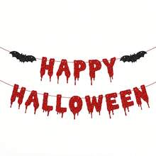 1 Set,Happy Halloween Blood Drip DIY String Banner, Red Glitter Dripping Letters Banner With Black Glitter Bat Ornaments, Halloween Spooky Bunting Garland Decorations For Wall, Mantel, Dessert Table, Indoor Outdoor Halloween Party Supplies - View 8