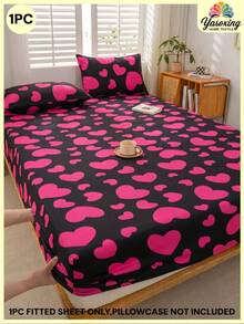 1PC Black Base Oversized Hot Pink Big Heart Pattern Fitted Sheet Without Filler, Fitted Sheet For Bedroom Brushed Microfiber Breathable Comfortable 1pc Fitted Sheet King Queen Full Twin Deep Pocket Design Up To 11.8 Inches Fitted Sheet - Hot Pink - View 1